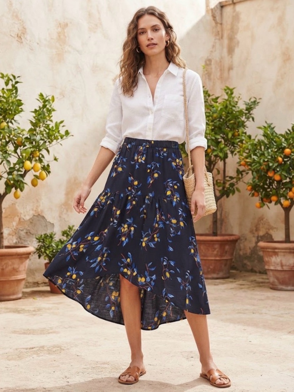 Ann Taylor Navy Blue Lemon Print Tiered Midi Skirt | Size M